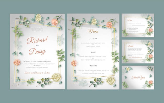 Grünes hochzeitseinladungspaket mit rsvp danke und instagram story premium vector