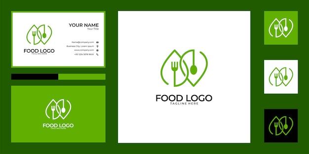 Grünes Löffel- und Gabellogodesign und Visitenkarte. gute Verwendung für Food Restaurant Logo