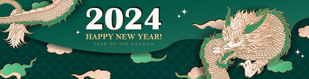 Grünes panorama-banner mit handgezeichnetem papier, geschnittenen wolken, sternen und einem goldenen chinesischen drachen zum neujahr