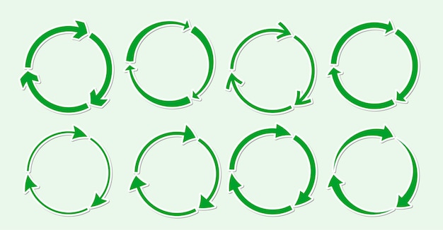 Vektor grünes recycling-rundes symbol-aufkleberset, flaches symbol drehen pfeil-öko-drehung unter verwendung der recycelten ressource