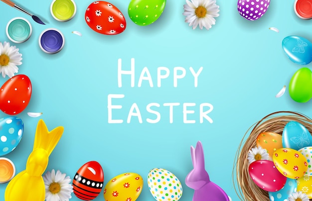 Grüßkarte für Ostern mit Osterhase und bemalten Eiern