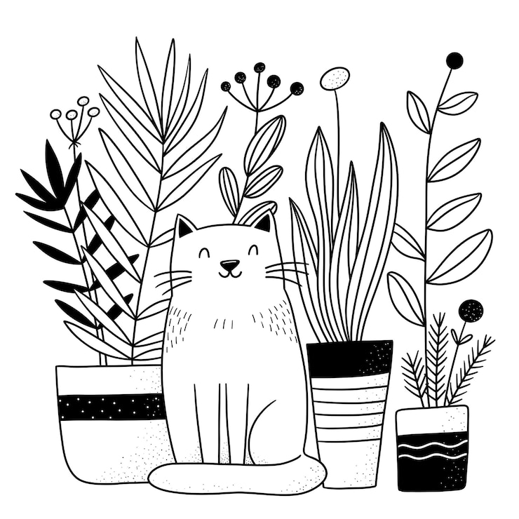 Vektor grüßkarte im doodle-stil mit einer niedlichen katze unter den hauspflanzen