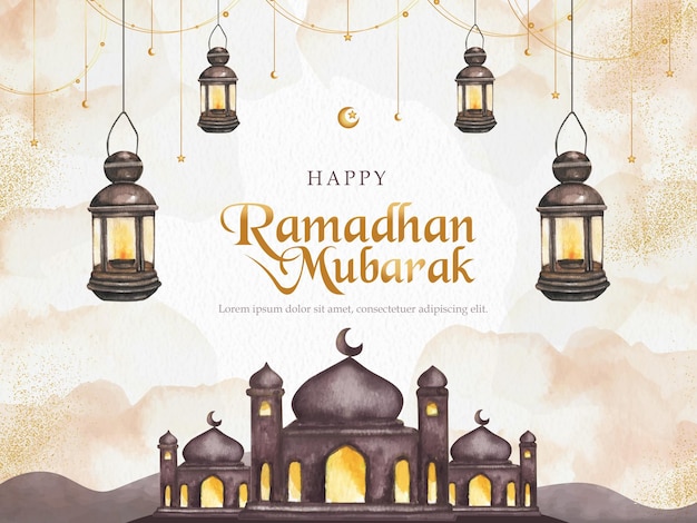 Vektor grüßkarte von ramadan mubarak mit laterne und moschee aquarell-hintergrund