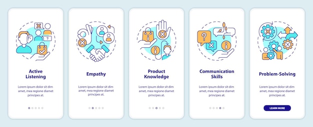 Grundlegende fähigkeiten des verkäufers onboarding-bildschirm der mobilen app komplettlösung für die vertriebskarriere 5 schritte bearbeitbare grafische anweisungen mit linearen konzepten ux-gui-vorlage unzählige probold-regulärschriftarten werden verwendet
