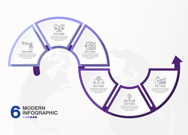 Grundlegende infografik-vorlage mit einem 6-schritte-prozess- oder optionsprozessdiagramm für die präsentation verwendet