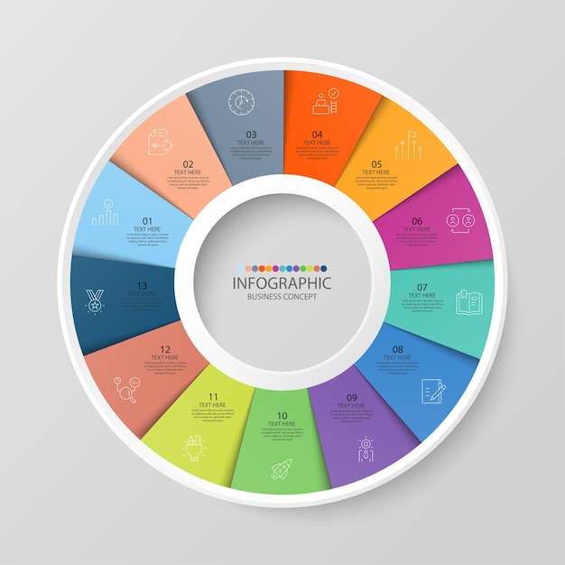 Grundlegende Kreis-Infografik-Vorlage mit 13 Schritten, Prozess oder Optionen, Prozessdiagramm, Wird für Prozessdiagramme, Präsentationen, Workflow-Layout, Flussdiagramm, Infografik verwendet. Vektorillustration eps10.