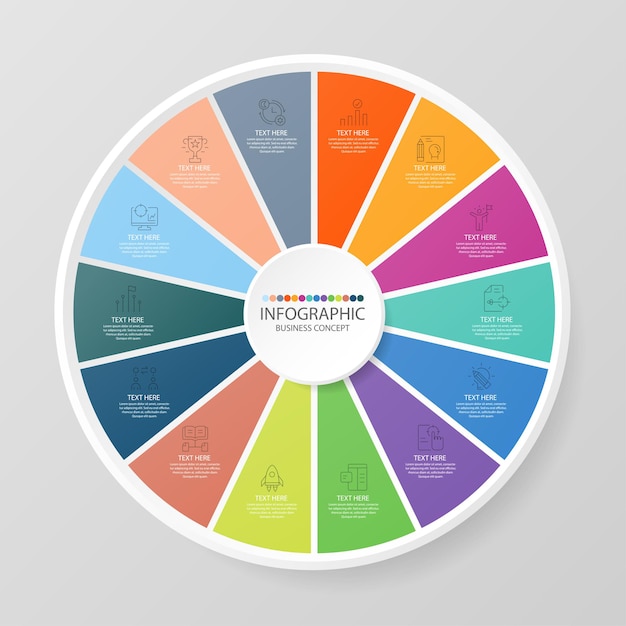 Grundlegende kreis-infografik-vorlage mit 14 schritten, prozess oder optionen, prozessdiagramm, wird für prozessdiagramme, präsentationen, workflow-layout, flussdiagramm, infografik verwendet. vektorillustration eps10.