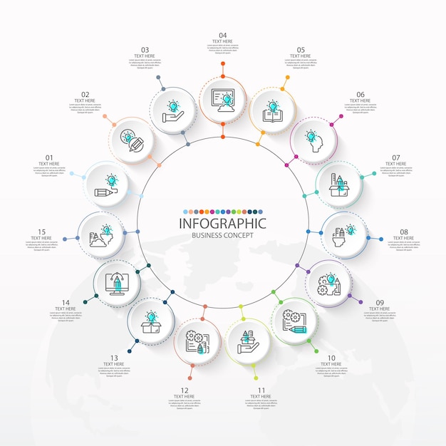 Grundlegende kreis-infografik-vorlage mit 15 schritten, prozess oder optionen, prozessdiagramm, wird für prozessdiagramme, präsentationen, workflow-layout, flussdiagramm, infografik verwendet. vektorillustration eps10.