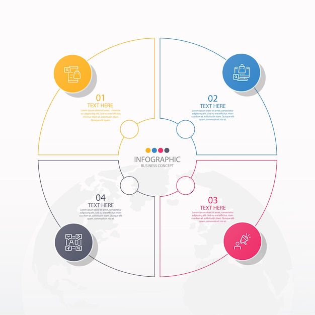 Grundlegende kreis-infografik-vorlage mit 4 schritten, prozess oder optionen, prozessdiagramm, wird für prozessdiagramme, präsentationen, workflow-layout, flussdiagramm, infografik verwendet. vektorillustration eps10.