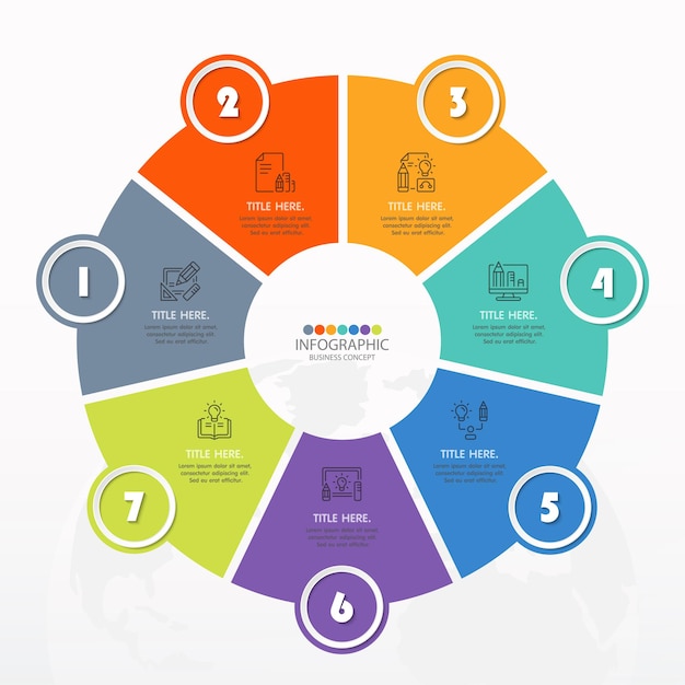 Grundlegende Kreis-Infografik-Vorlage mit 7 Schritten, Prozess oder Optionen, Prozessdiagramm, Wird für Prozessdiagramme, Präsentationen, Workflow-Layout, Flussdiagramm, Infografik verwendet. Vektorillustration eps10.