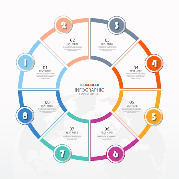 Grundlegende kreis-infografik-vorlage mit 8 schritten, prozess oder optionen, prozessdiagramm.