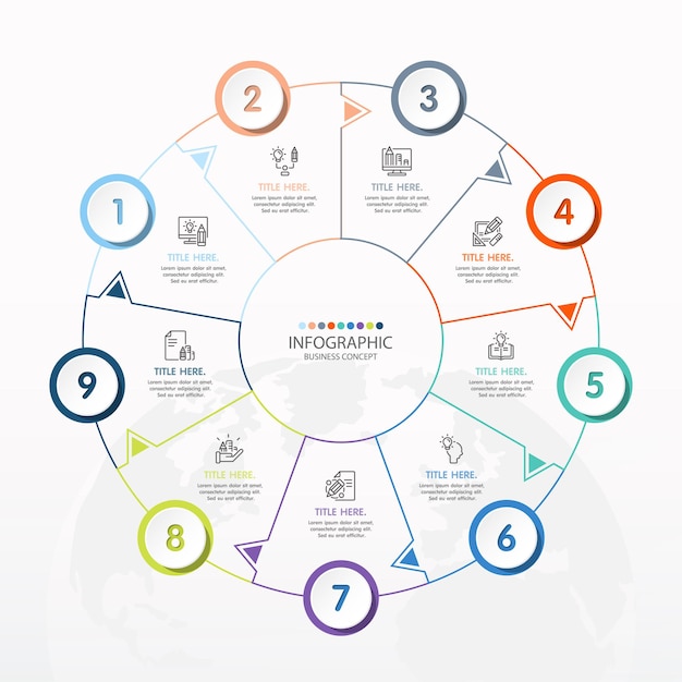 Grundlegende kreis-infografik-vorlage mit 9 schritten, prozess oder optionen, prozessdiagramm, wird für prozessdiagramme, präsentationen, workflow-layout, flussdiagramm, infografik verwendet. vektorillustration eps10.