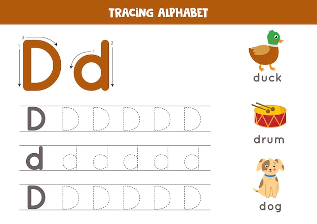 Grundlegende schreibpraxis für kindergartenkinder. arbeitsblatt zur alphabetverfolgung mit allen az-buchstaben. verfolgung von groß- und kleinbuchstaben d mit niedlicher cartoon-ente, trommel, hund. pädagogisches grammatikspiel.