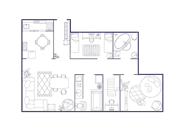 Grundriss der wohnung, draufsicht. konturiertes, flaches innendesign mit möbeln darüber. umrissener hausplan mit zimmern, bad, küche. vektorillustration isoliert auf weißem hintergrund