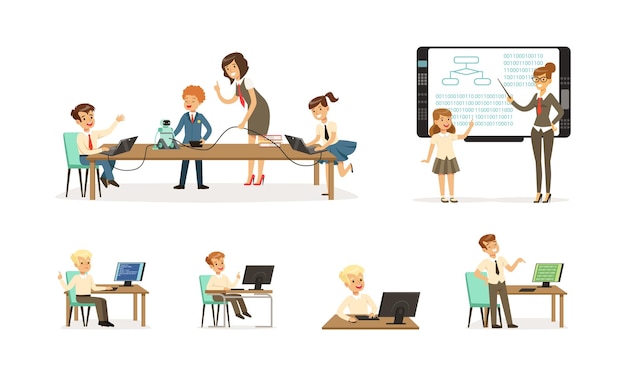 Grundschüler beim Programmierunterricht Kinder programmieren und präsentieren Projekte Vektor