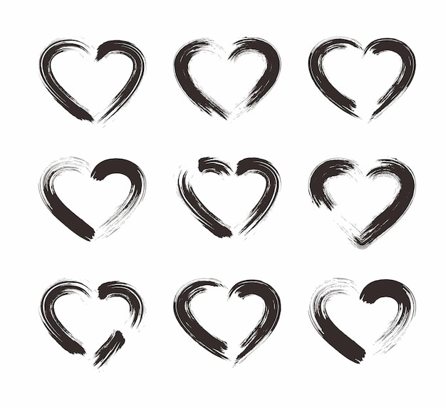 Vektor grunge-pinsel heart-form-set-vektor farbpinsel-schlag von herzen