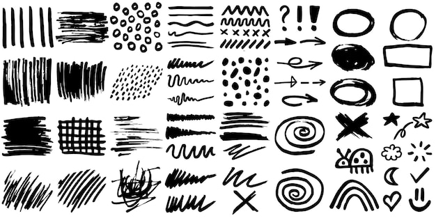 Grunge-Stifte oder Marker-Droodle-Schreibereien Fette Holzkohle Freihand-Streifen verrückte Luken und Farbe