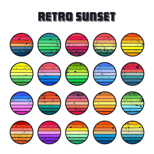 Grunge-vintage-sunset-kollektion farbenfrohe gestreifte sonnenaufgang-abzeichen im s- und s-stil mit sonne und meerblick
