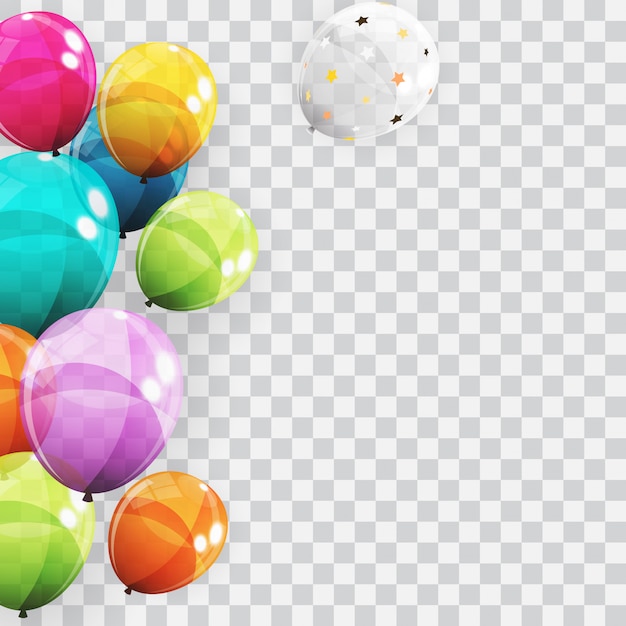 Gruppe Farbglatter Helium steigt Hintergrund im Ballon auf. Satz Luftballons für Geburtstag, Jahrestag, Feier-Partydekorationen