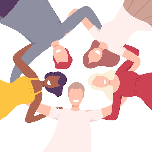Gruppe glücklicher Menschen, die sich in einem Kreis umarmen, niedriger Winkelansicht Flachvektor-Illustration