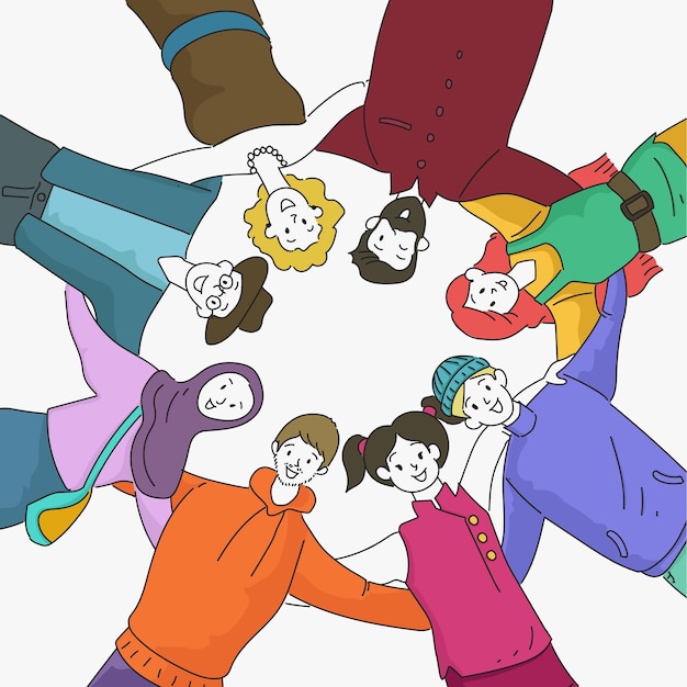 Vektor gruppe glücklicher menschen in einem kreis vektorumriss illustration