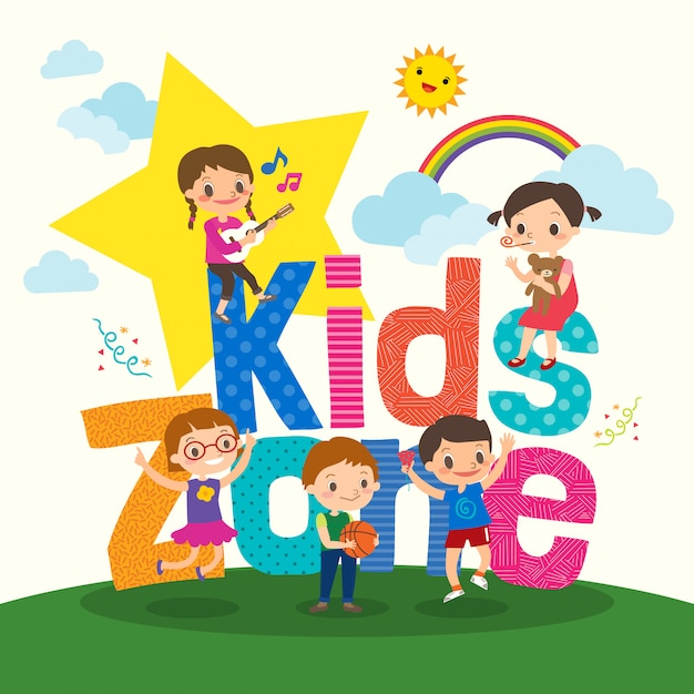Gruppe junge Kinder mit Kinderzonenwortkarikatur