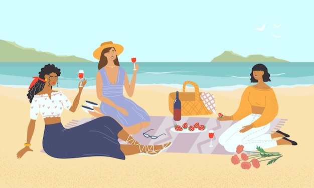 Vektor gruppe junger frauen bei einem picknick an der küste. lächelnde freunde, die wein trinken und am strand essen. mädchen entspannen sich und essen am meer zu mittag. flache bunte illustration.