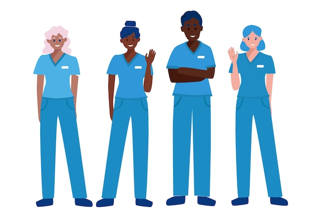 Vektor gruppe multiethnischer krankenschwestercharaktere medizinisches team isolierte vektorillustration