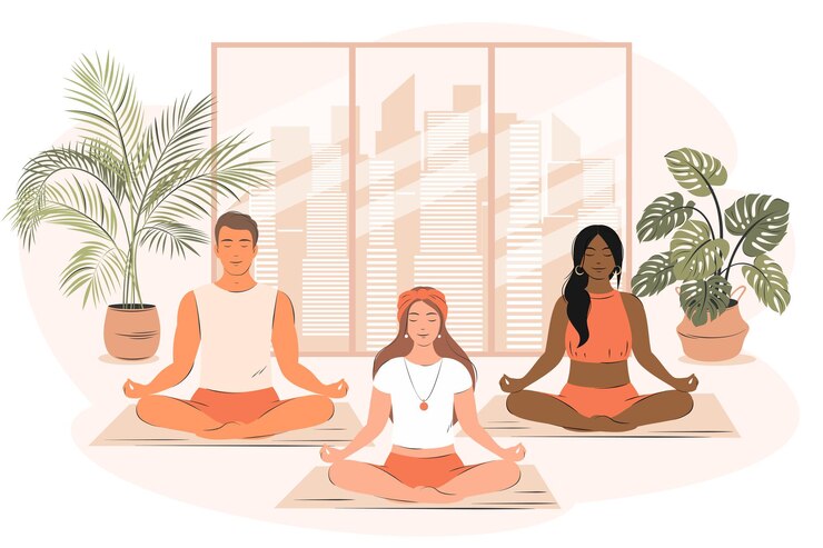 Vektor gruppe verschiedener leute macht yoga und meditiert im fitnessstudio konzept der yogaschule und des sports