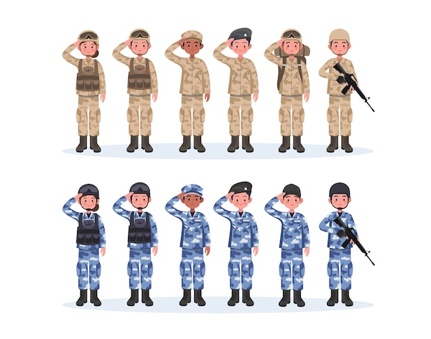 Gruppe von armee, männer und frau, in tarnung kampfuniform salutieren. netter flacher cartoonstil.