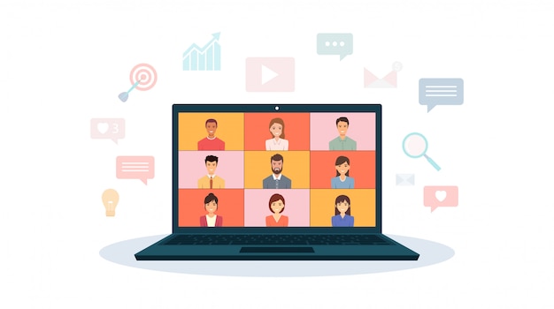 Gruppe von Büromitarbeitern Videoanruf durch Laptop, der zu Hause arbeitet