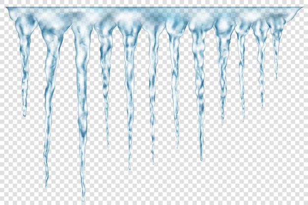 Gruppe von durchscheinenden hellblauen realistischen Eiszapfen unterschiedlicher Länge, die oben verbunden sind. Für den Einsatz auf hellem Hintergrund. Transparenz nur im Vektorformat