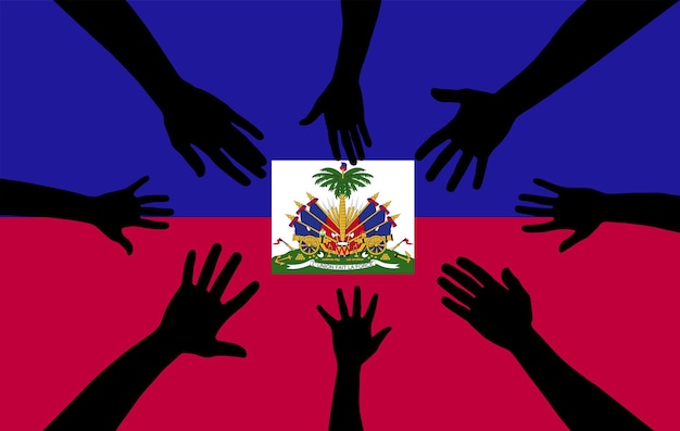 Gruppe von haitianischen menschen, die hände sammeln, vektorsilhouette, einheit oder unterstützungsidee