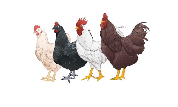 Vektor gruppe von hühner-aquarell-stil auf weißem hintergrund vintage handgezeichnete vektor-illustration