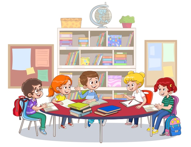 Gruppe von kindern, die am schreibtisch in der schulbibliothek sitzen und zusammen lernen.