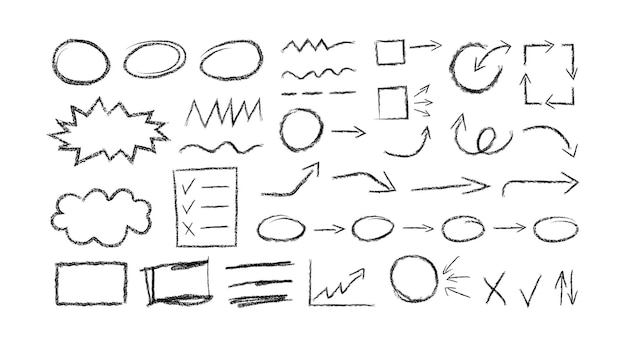 Gruppe von kreidefarbenen Elementen Pfeile und Rahmen Handgezeichnete schwarze Holzkohle-Symbole Vektor-Droodle-Marke