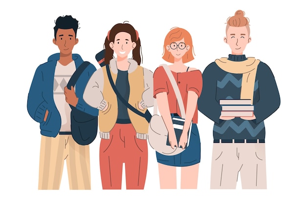 Gruppe von Mädchen und Jungen im Teenageralter mit Rucksäcken und Büchern