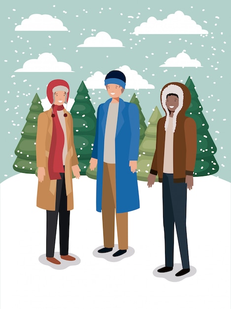 Gruppe von männern in der schneelandschaft mit winterkleidung