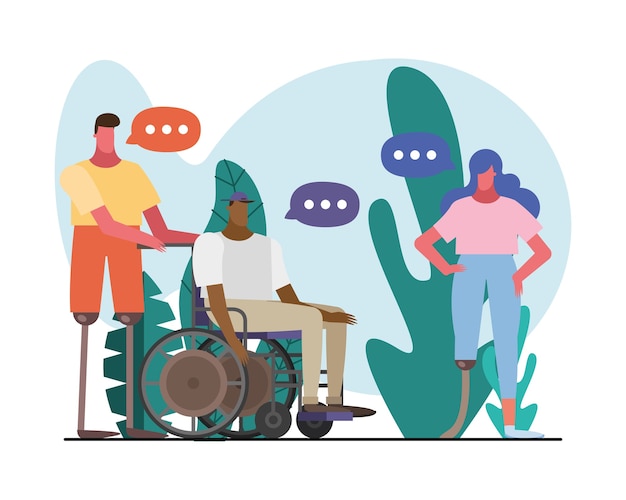 Vektor gruppe von menschen, die mit handicap-charakteren im lagerillustrationsdesign sprechen