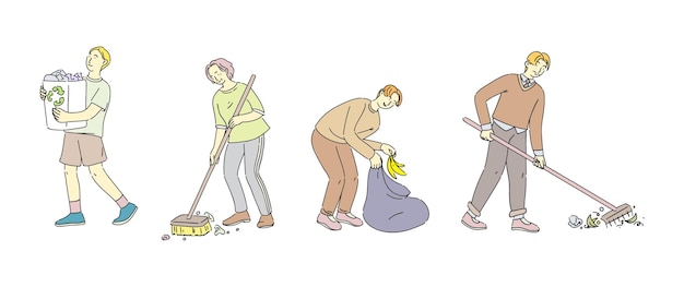 Gruppe von menschen, die müll in tasche, mülleimer aufsammeln, freiwillige räumen abfälle auf
