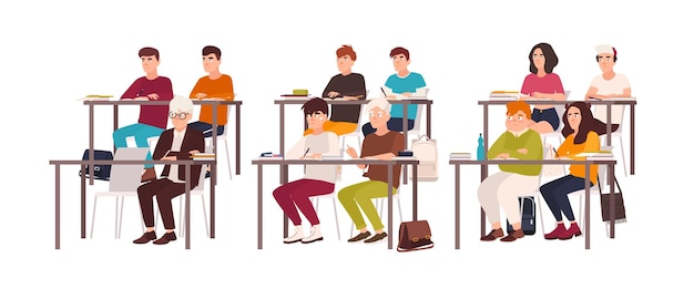 Gruppe von Schülern, die an Schreibtischen im Klassenzimmer sitzen, gutes Benehmen zeigen und der Lektion oder Vorlesung aufmerksam zuhören. Gehorsame Kinder im Teenageralter oder Studenten. Flache Cartoon-Vektor-Illustration.