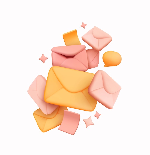 Gruppe von spam, e-mail, e-mail, dialogblase. kreative konzeptkomposition. realistisches 3d-symbol. abstraktes cartoon-design. isoliert auf weißem hintergrund .. in rosa farbe. vektor-illustration