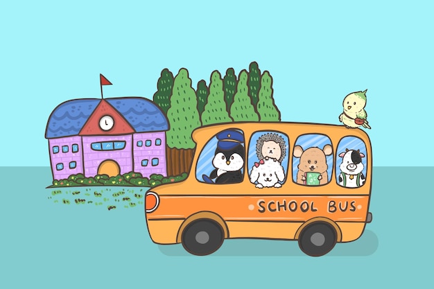 Gruppe von tierstudenten, pinguin, hund, zwerg, igel, vogel, kuh und mäuse im bus zurück zur schule