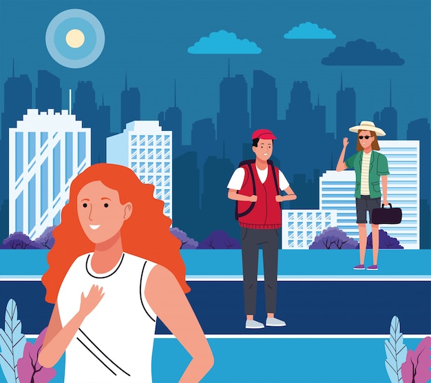 Gruppe von Touristen, die Aktivitäten auf der Stadtillustration tun