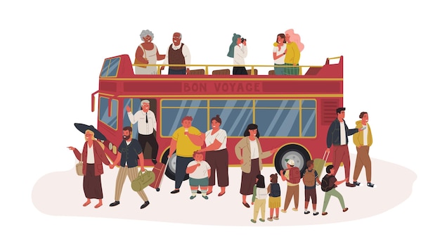 Gruppe von Touristen flache Vektorgrafiken. Kinder, Jugendliche und Senioren im Sightseeing-Bus isolierte Zeichentrickfiguren auf weißem Hintergrund. Menschen in Freizeitkleidung stehen in der Nähe eines roten Doppeldecker-Autobusses