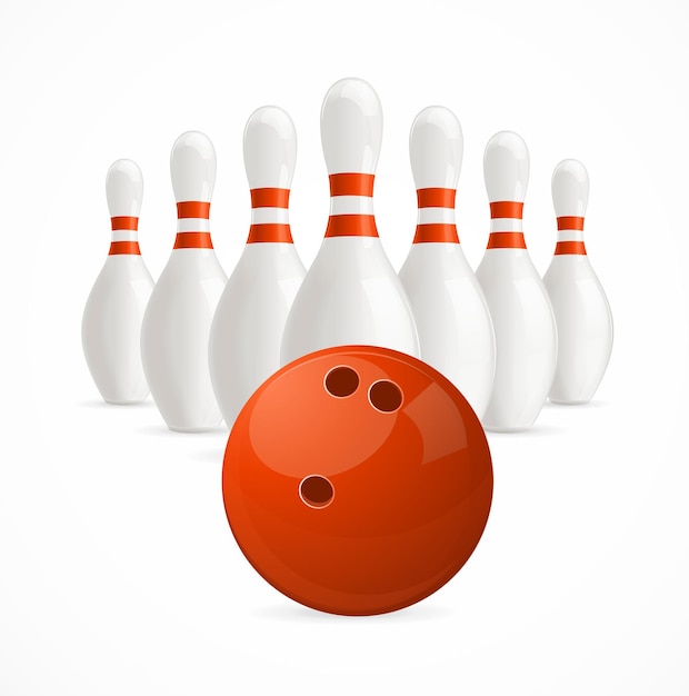 Gruppe von weißen Bowling-Pins und Ball. Vektor-Illustration