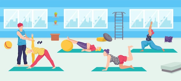 Gruppenyoga für schwangere Frau Vektor Illustration Cartoon weibliche Figur machen Übungen im Fitnessstudio