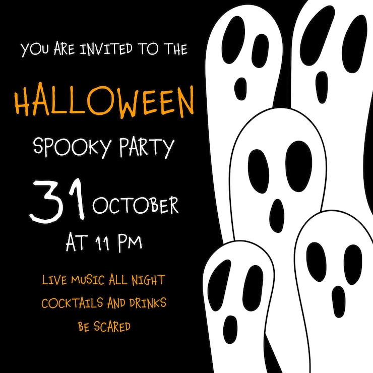 Vektor gruselige einladungsbanner oder poster zu halloween mit gruseligen geistern oder phantomsilhouetten.