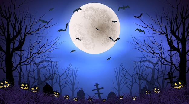 Vektor gruselige halloween-hintergrundillustration mit alter friedhofsnacht und einem vollmond mit fliegenden fledermäusen