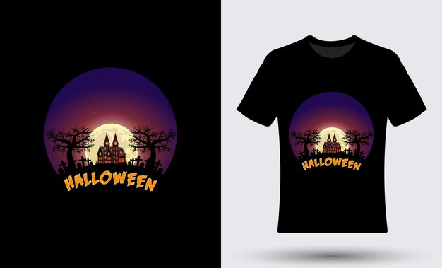 Gruselige halloween-t-shirt-illustration mit buntem mondnacht-hintergrunddesign